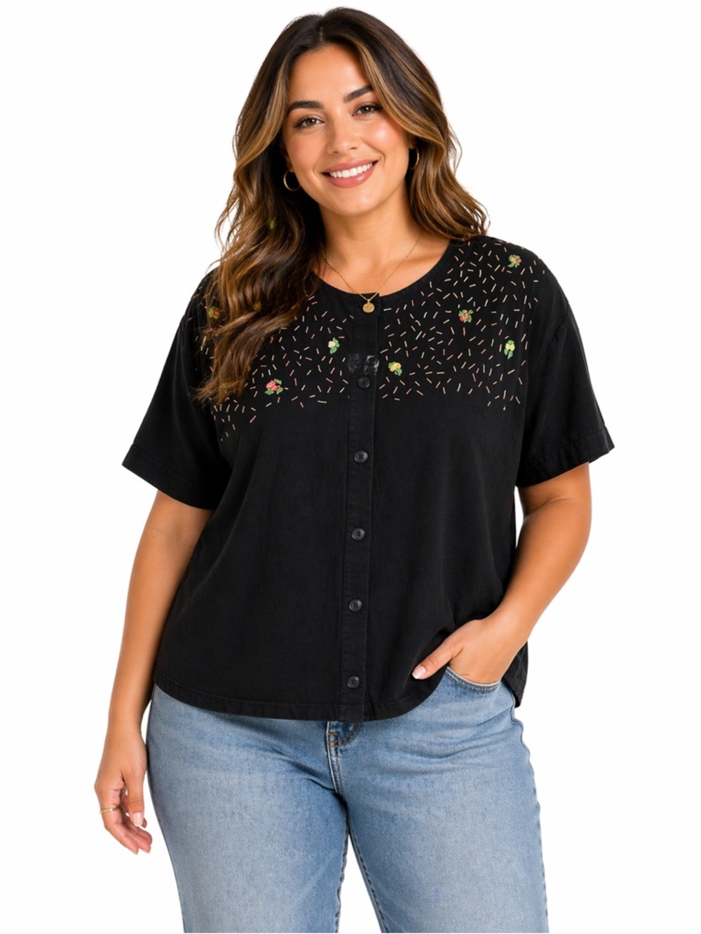 Y2K Susan Bristol Vintage Confetti Hand Embroidered
Women's Sz 1W Black Shirt
